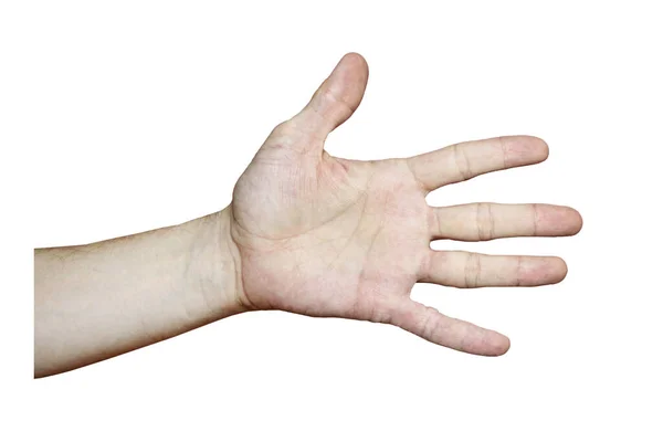 Mannelijke hand met een schone huid toont een gebaar, hand op een witte isolatie achtergrond — Stockfoto