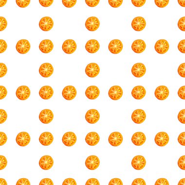 Sulu kırmızı domates dilimlerinin kusursuz sonsuz deseni. Paket kağıdı, kumaş ve duvar kağıdı için tasarım