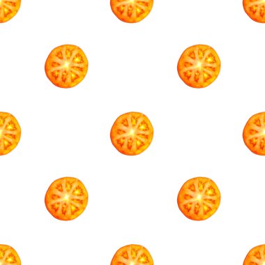 Sulu kırmızı domates dilimlerinin kusursuz sonsuz deseni. Paket kağıdı, kumaş ve duvar kağıdı için tasarım