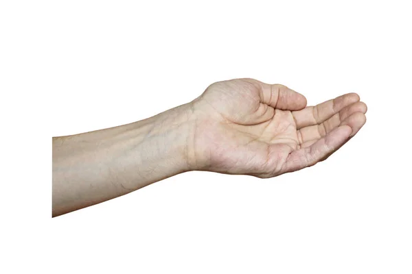 Male hand with fair skin shows a gesture, hand on a white isolation background — Stock Photo, Image