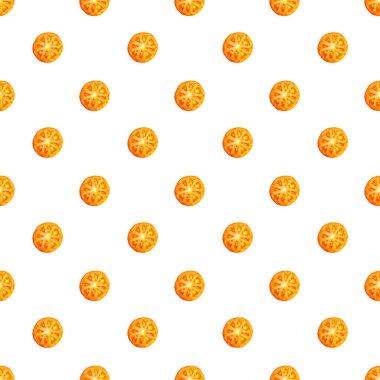 Sulu kırmızı domates dilimlerinin kusursuz sonsuz deseni. Paket kağıdı, kumaş ve duvar kağıdı için tasarım