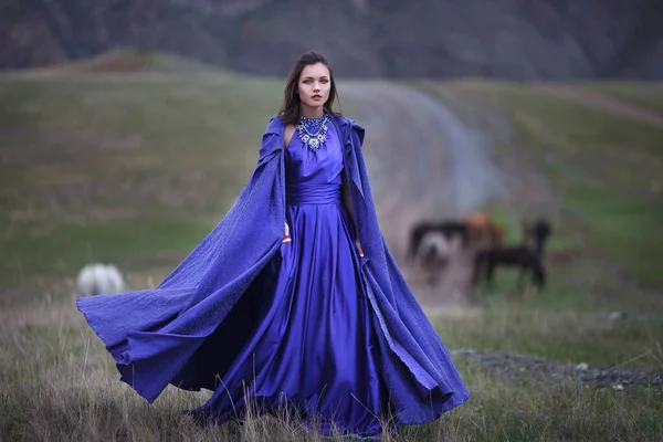 Una Chica Con Magnífico Vestido Azul Camina Por Las Montañas — Foto de Stock