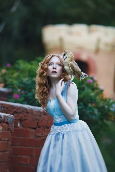 美しい赤い髪の少女が城の背景を背景にフクロウを手に歩いて城を歩く — ストック写真