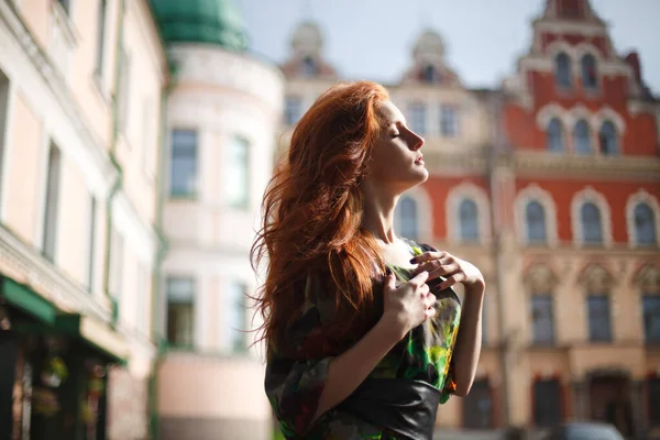 Beautiful Red Haired Girl Walks Old Streets Vyborg — Stock Photo, Image