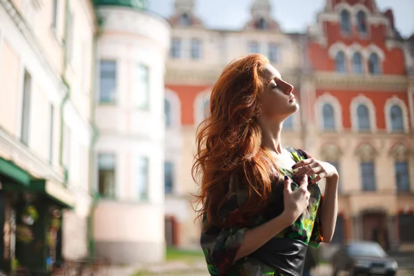 Beautiful Red Haired Girl Walks Old Streets Vyborg — Stock Photo, Image