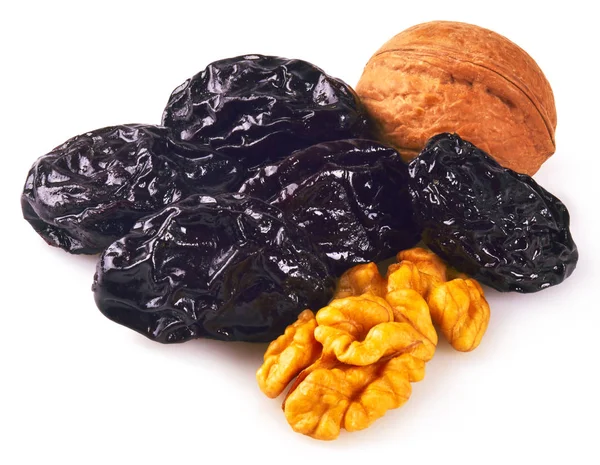 Dried plums and walnuts isolated — Stock Photo, Image