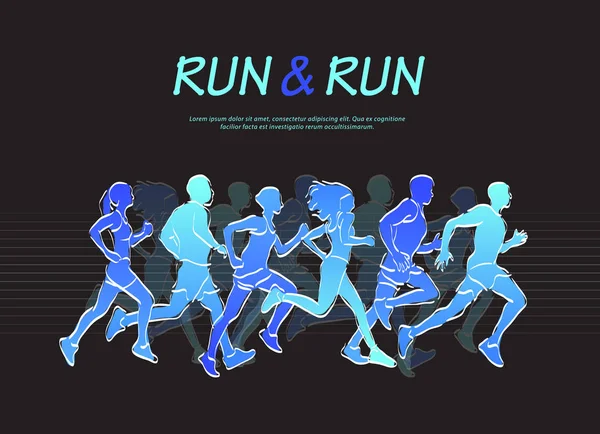 Gente Corriendo Maratón Ilustración Vectorial Azul Negro — Vector de stock
