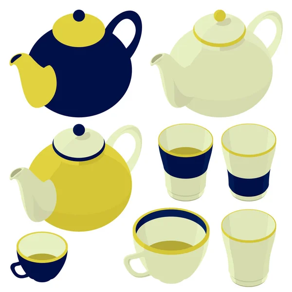 Чай, чайник і чайник, чайник, ізометричний набір, предмети посуду — стоковий вектор