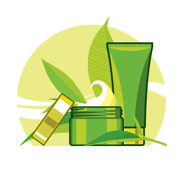 Entgiftende Creme und Stärkungsmittel für die Pflege von grünem Blatt, grün-gelbem Hintergrund, Anzeigenvorlage, Mockup für Anzeigen oder Magazine — Stockvektor