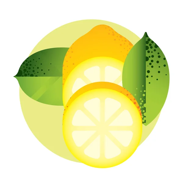 Limão amarelo inteiro e meio com folhas verdes, citrinos cortados, frutas —  Vetores de Stock