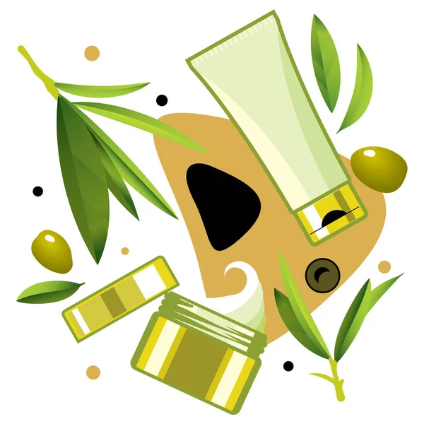 Crema y tónico para el cuidado con aceite de oliva, plantilla de anuncios, maqueta para anuncios o revista — Archivo Imágenes Vectoriales