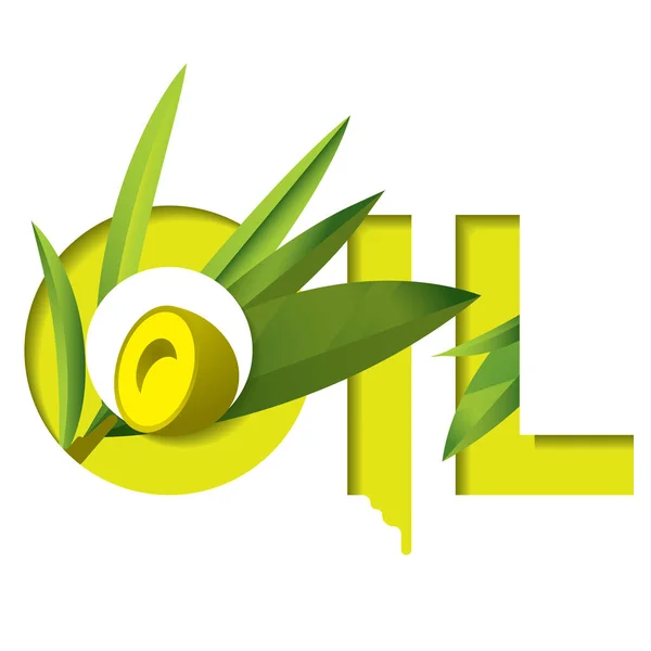 Aceite de palabra tipográfica verde con rama de olivo para anuncios — Vector de stock