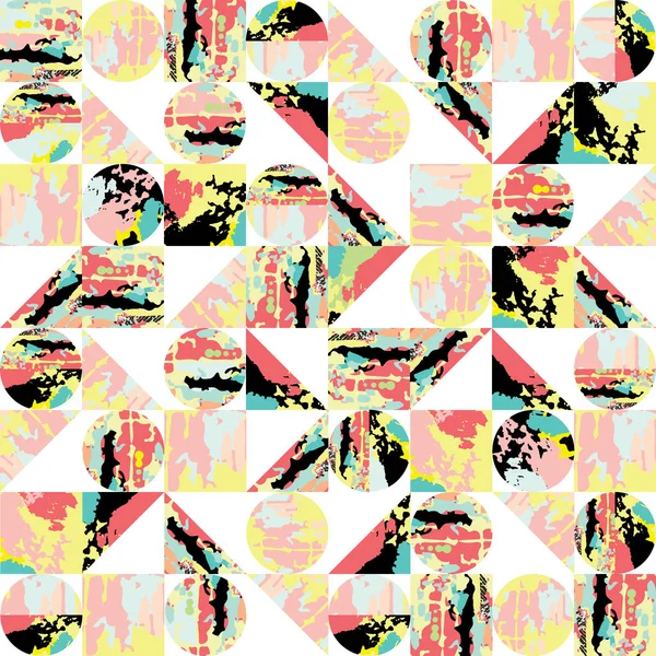 シームレスな幾何学的なフルカラーの抽象的なパターン、正方形、円、三角形 — ストックベクタ