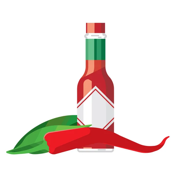 Hot chilli pepper and sauce glass bottle for ads and menu — Stock Vector