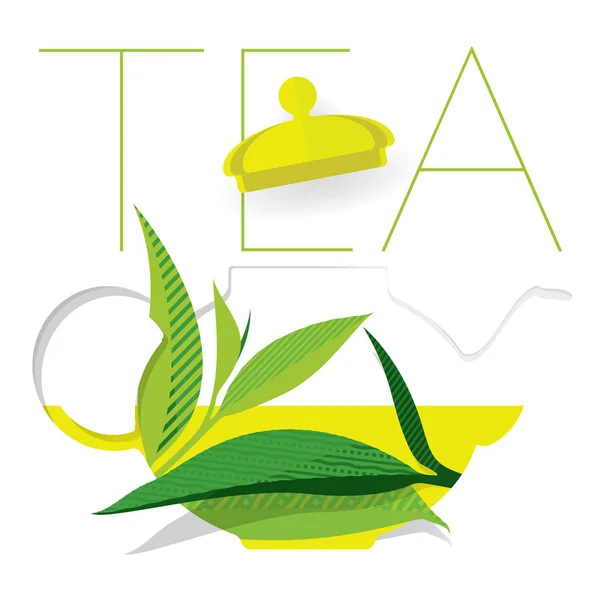 Різьблений чайник на білому фоні та зеленому чайному листі — стоковий вектор