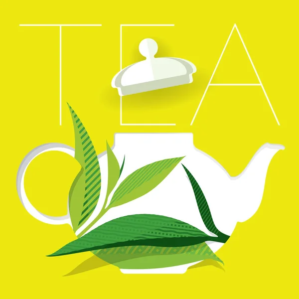Різьблений чайник на жовтому фоні і зеленому чайному листі — стоковий вектор