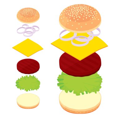 3D hamburger, çizburger, dizi malzemeler ekmek, et, izometrik beyaz peynir