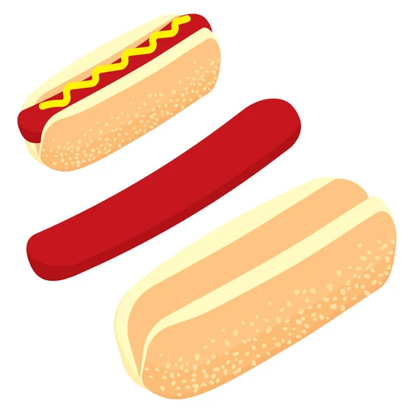 Hot dog, pain, saucisse pour fast food, illustration isométrique 3d — Image vectorielle