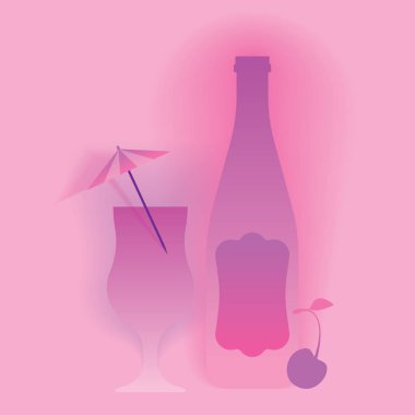 Bayanlar gece pembe kokteyl bardak ve şişe, poster poster şablonu