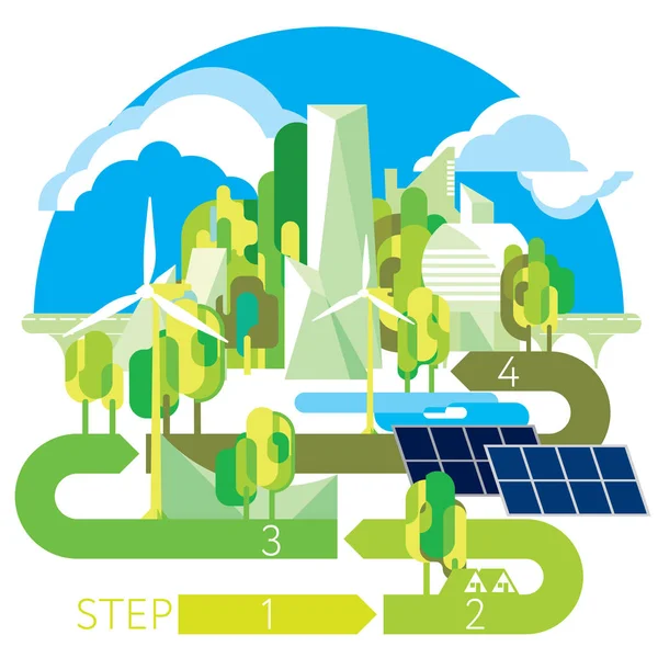 Info graphic illustration with urban eco landscape, Eco city, solar panels and wind turbines. Eco green city theme. Ecological energy supply — Stock Vector