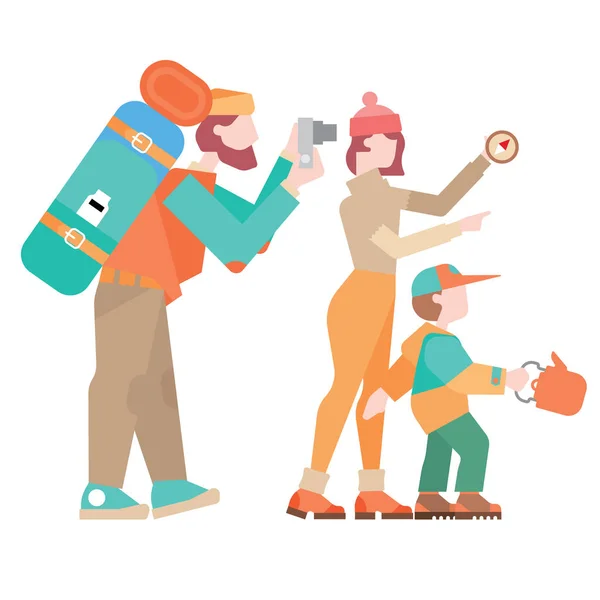 Familienvater, Mutter und Kind wandern, flache Illustration — Stockvektor