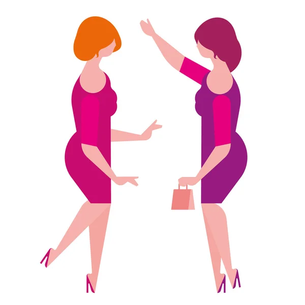 Két nő barátnők méretű modell, plusz találkozott, lapos illusztráció — Stock Vector