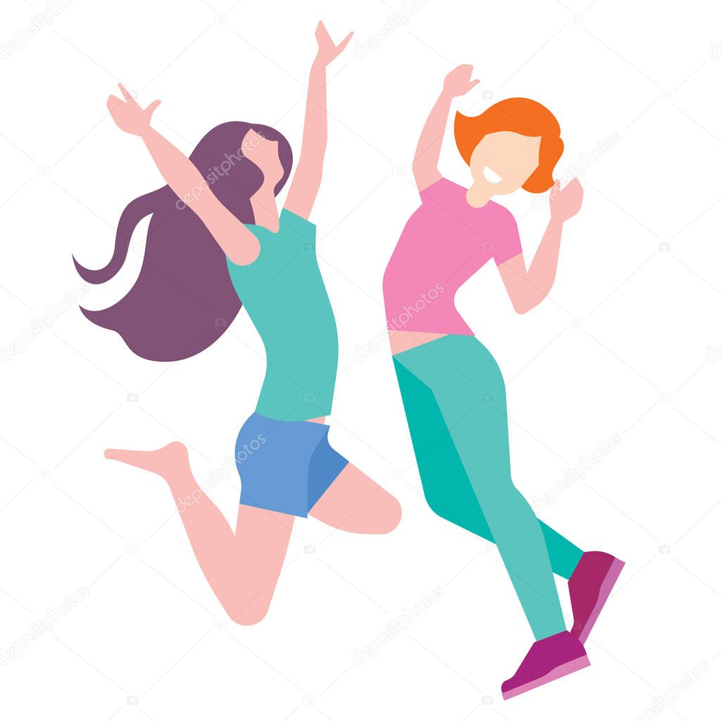 Happy girls jumping on a white background. The concept of friendship, healthy lifestyle, success, flat style illustration