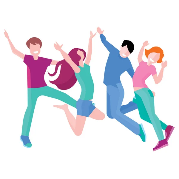 Grupo feliz de pessoas pulando em um fundo branco. O conceito de amizade, estilo de vida saudável, sucesso, ilustração de estilo plano —  Vetores de Stock