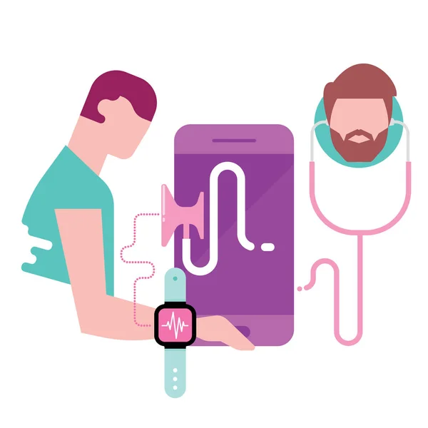 Exame médico pessoas on-line, telefone inteligente com estetoscópio e médico on-line na tela. telemedicina ilustração conceito plano, elemento vetorial para tele infográfico médico —  Vetores de Stock