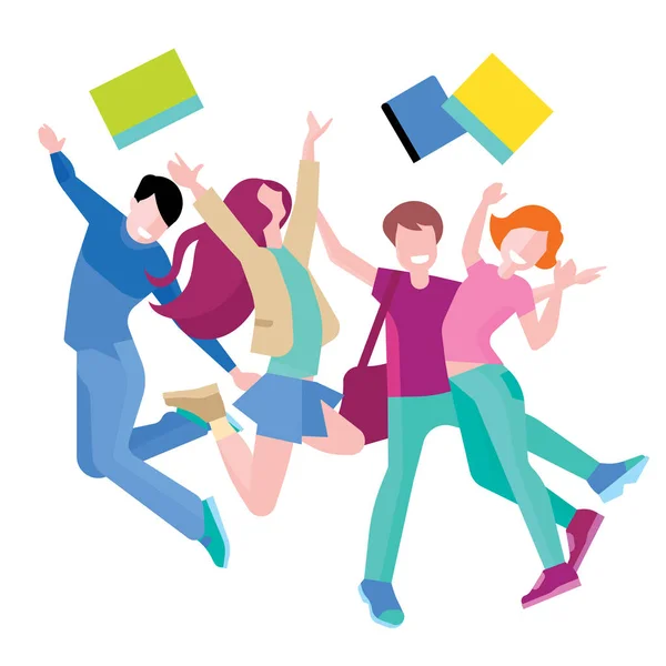 Grupo feliz de estudantes pulando em um fundo branco. O conceito de amizade, estilo de vida saudável, sucesso, ilustração de estilo plano —  Vetores de Stock
