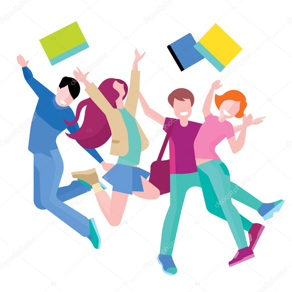 Happy group of students jumping on a white background. The concept of
