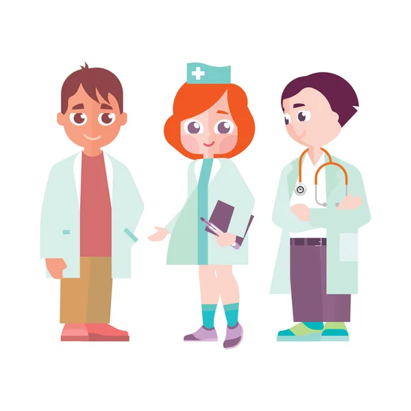 Grupo de niños con ropa de médico sobre un fondo blanco. Ilustración vectorial en estilo de dibujos animados — Archivo Imágenes Vectoriales