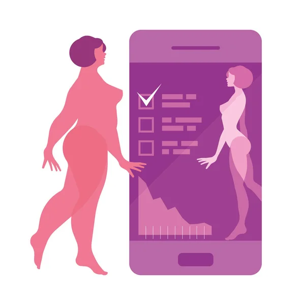 Aplicación para bajar de peso, imágenes de silueta de mujer, ilustración moderna plana — Vector de stock