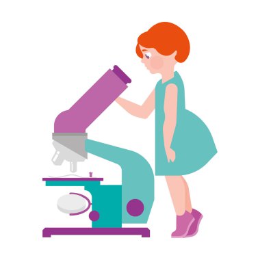 Bir büyük mikroskop, bilimsel aygıt, düz şekil kız arıyor