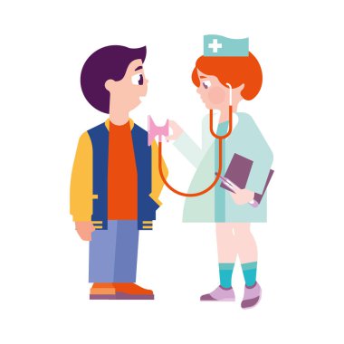 Bir çocuğun stetoskop, doktora oyun doktor elbiseleri kız dinler