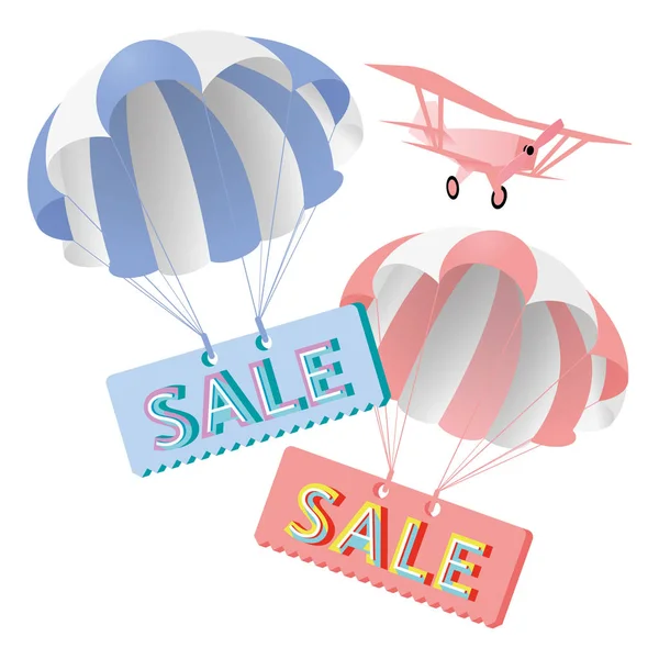 Blauwe en parel parachute met planken verkoop, vliegtuig op achtergrond, biz concept illustratie — Stockvector