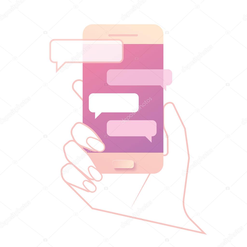 Womens hand holding smartphone. Chatting with chat on phone, online conversation with texting message. Messaging using phone