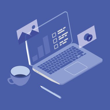 İzometrik kablosuz mobil cihazlar, bilgisayar, bulut bilgi işlem, belgelerle ve verilerle çalışma