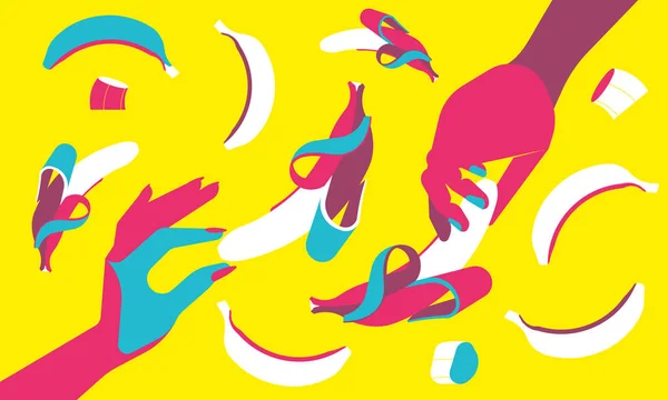 Mãos Banana Estilo Pop Art Cores Contraste Ilustração Plana — Vetor de Stock