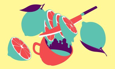 Yemek sanatı, çay ve kokteyl için tam limon ve dilimler, kavramsal illüstrasyon, 3 boyutlu.