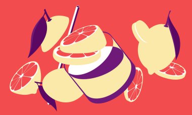 Yemek sanatı, çay ve kokteyl için tam limon ve dilimler, kavramsal illüstrasyon, 3 boyutlu.