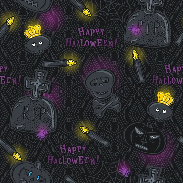Modello senza cuciture con simboli di Halloween su sfondo nero — Vettoriale Stock