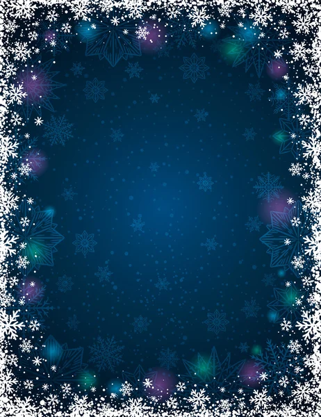 Fondo azul navidad con marco de copos de nieve y estrellas , — Vector de stock