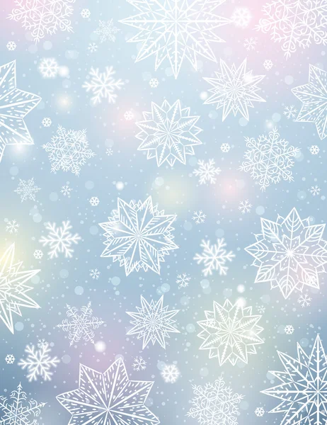 Lichte achtergrond met sneeuwvlokken en sterren, vectorillustratie — Stockvector