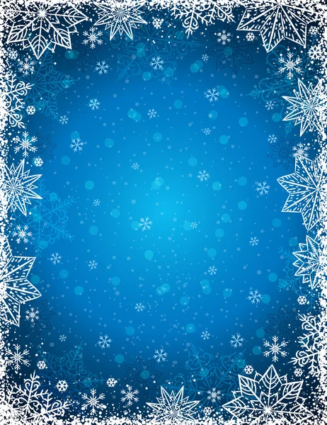 Niebieskie tło z ramą płatki śniegu i gwiazd, wektor chory — Wektor stockowy