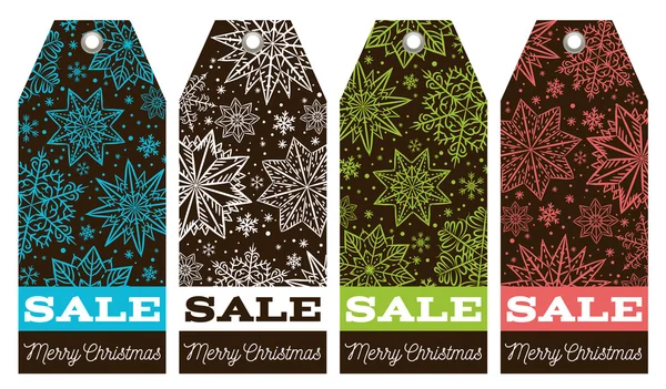 Etichette natalizie con stelle, fiocchi di neve e offerta vendita, vettore — Vettoriale Stock