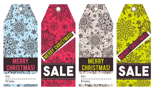 Étiquettes de Noël avec étoiles, flocons de neige et offre de vente, vecteur — Image vectorielle