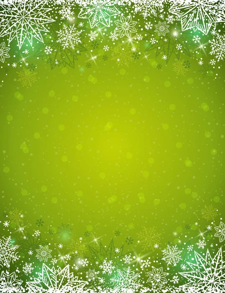 Kar taneleri ve yıldız, vektör çerçeve ile yeşil arka plan — Stok Vektör