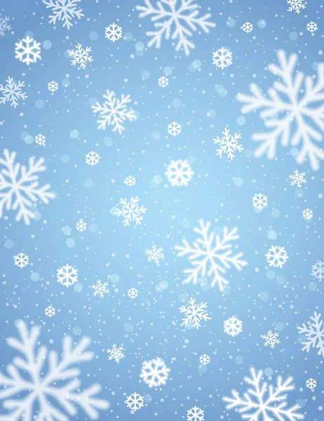 Fondo azul con copos de nieve blancos borrosos, vector — Vector de stock