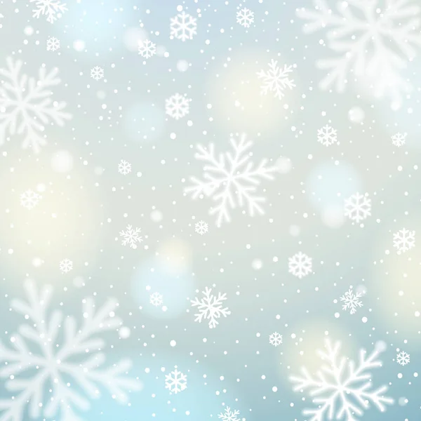 Fondo azul con copos de nieve blancos borrosos, vector — Vector de stock